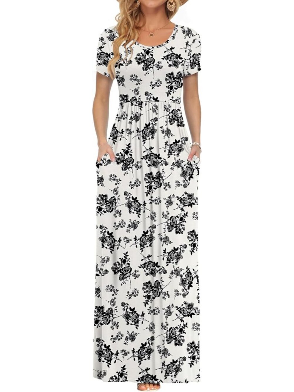 Women's Classic Short Sleeves Loose White Black Rose Casual Long Maxi Dresses